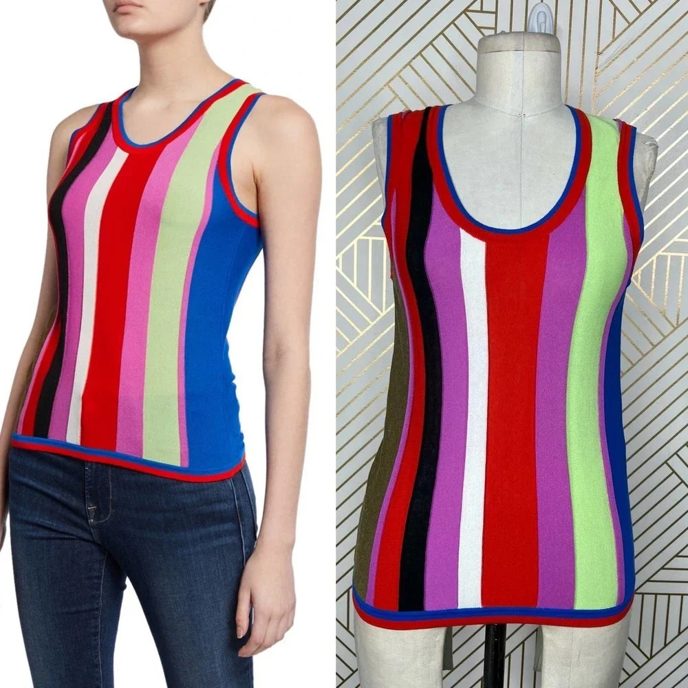 Diane von Furstenberg Carolina Block-Stripe Knit Tank‎ Top Light Cerise Size XS